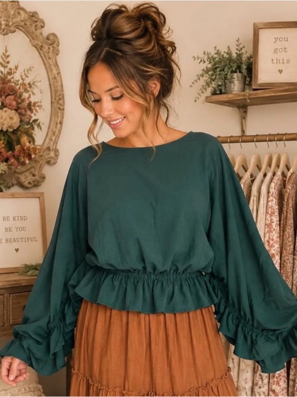 Easel Dark Green Ruffle Hem Peasant Blouse NWOT Small